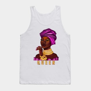 Queen - yass queen - Black is beautiful black girl with Gold bangles, neck ring necklace, purple dress and head wrap, brown eyes and dark brown skin ! Tank Top